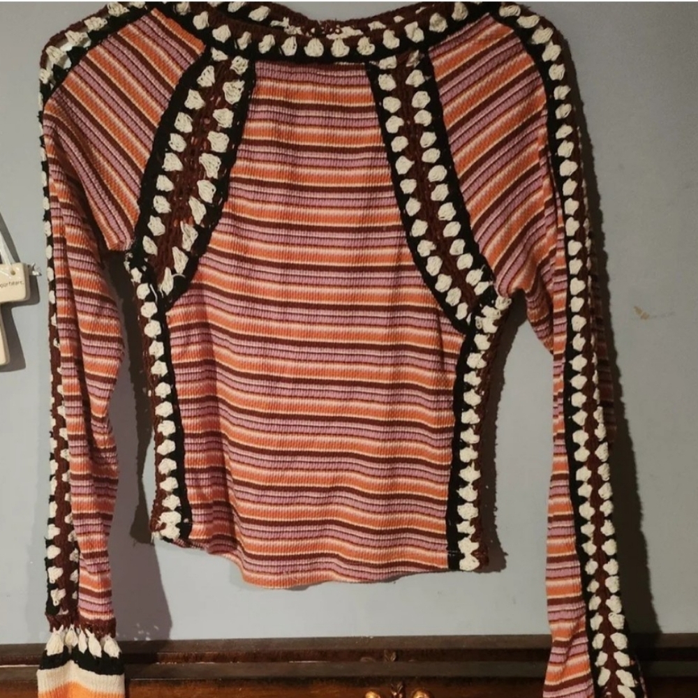 Free People Unique Striped Crochet Thermal Top Size Small